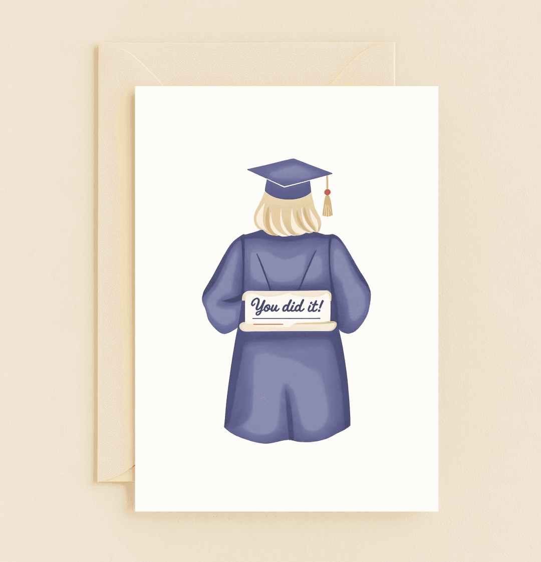 Celebrate their graduation triumph with a card featuring a jubilant graduate in a navy gown, mortarboard, and diploma, exclaiming "You did it!.