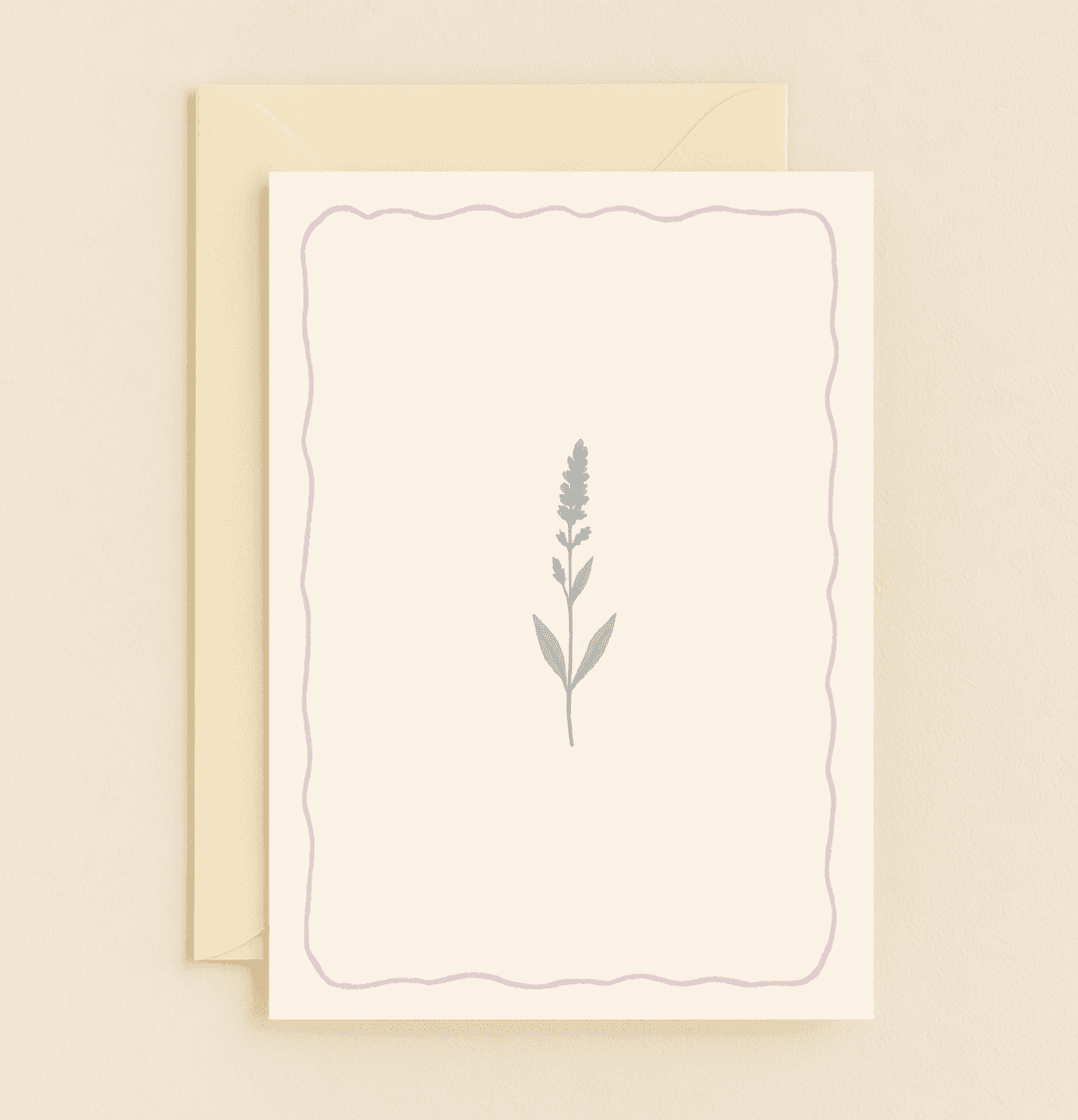 Celebrate Mother's Day with "Lavender Love," a minimalistic card showcasing a soothing lavender sprig on a soft purple and beige background for an elegant tribute.