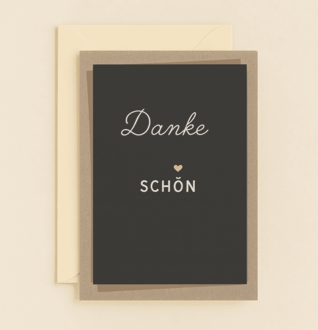 Express gratitude with elegance and simplicity in this German-inspired "Danke Schรถn" card, featuring a gold heart and minimalist design on a classic black background.