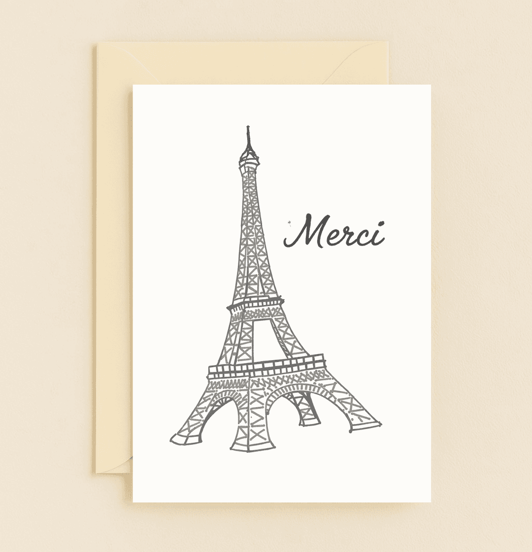 Express gratitude with sophisticated elegance through this Parisian-inspired card featuring a minimalist Eiffel Tower and a graceful "Merci.