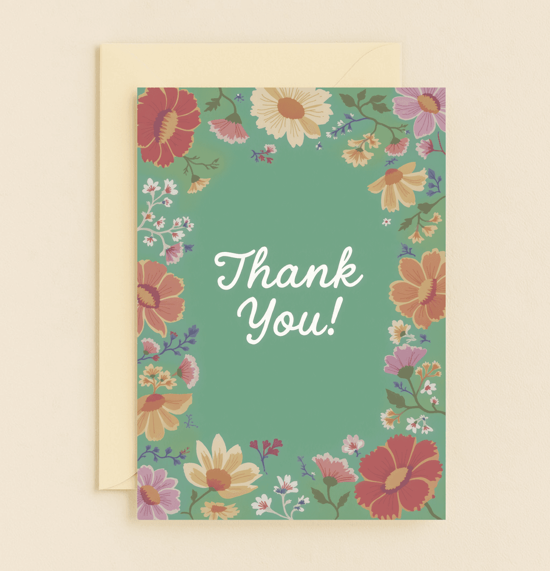 Express your gratitude with this elegant floral-themed card, featuring a vibrant bouquet and heartfelt "Thank You" on a serene green backdrop.
