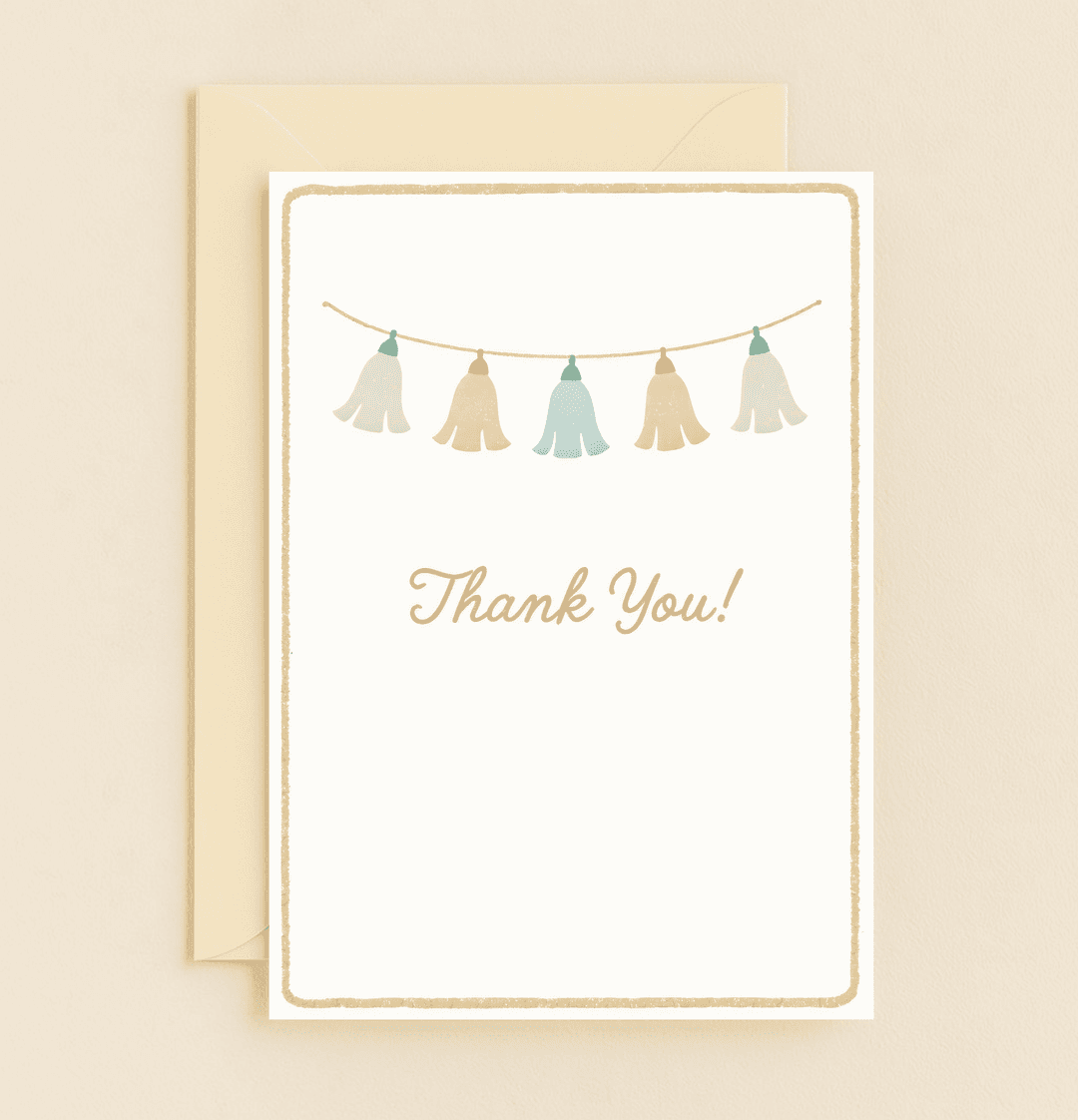 Express heartfelt thanks with a minimalistic card featuring pastel bell garlands and a gold-glitter border for an elegant touch.