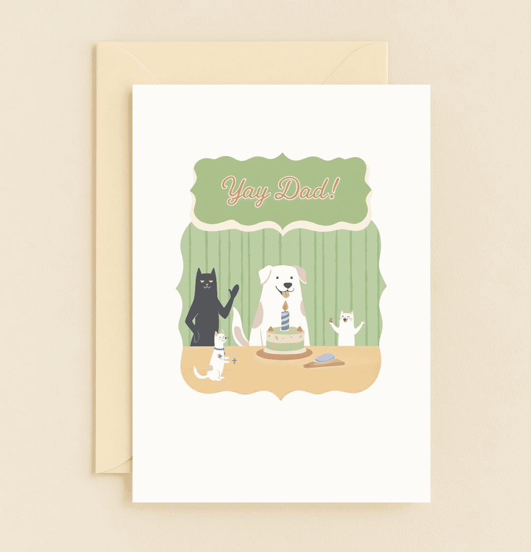 Celebrate Father's Day with playful charm in this whimsical card featuring a joyful dog, three quirky cats, and a festive cake scene.