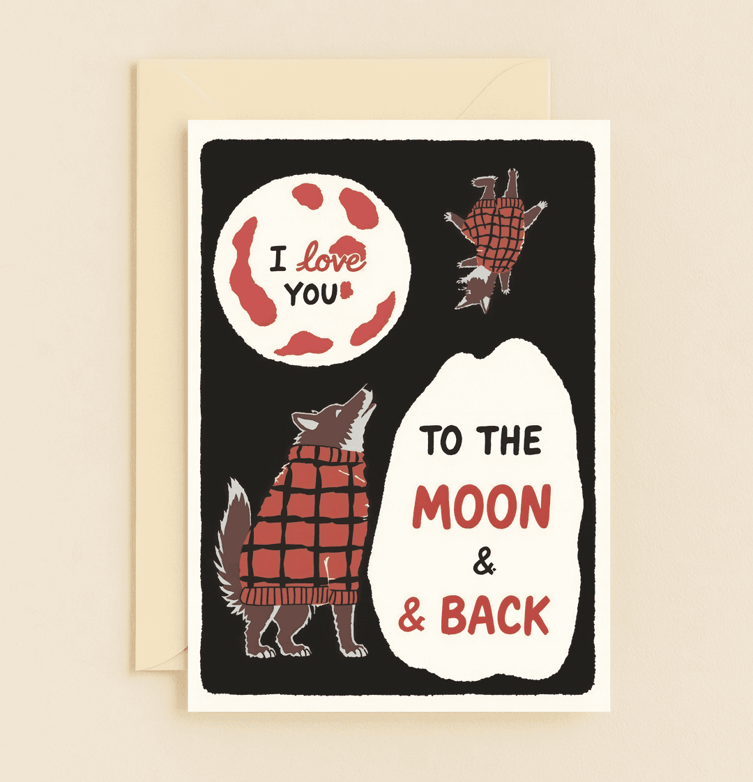 Celebrate your cosmic love with this playful anniversary card featuring sweater-clad wolves and lunar wordplay, perfect for a love that goes to the moon and back.