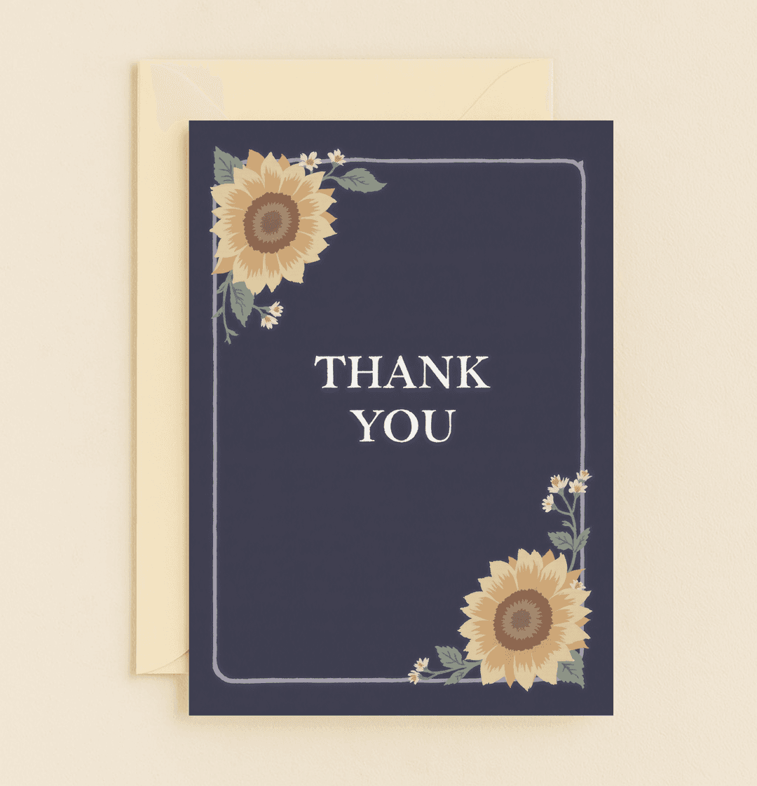 Express heartfelt gratitude with our "Sunflower Elegance" card, featuring a navy backdrop, bold sunflowers, and delicate white blooms.