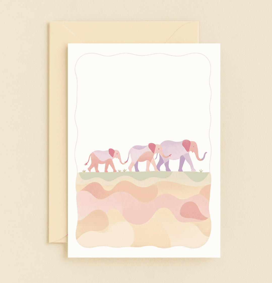 Celebrate Mother's Day with a whimsical pastel card featuring a loving elephant family journeying together in nature's serene embrace.