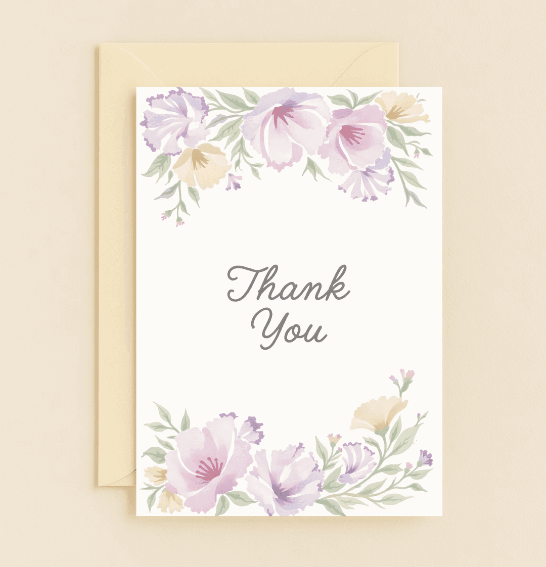 Express your heartfelt thanks with the "Floral Gratitude" card, featuring elegant script surrounded by pastel watercolor flowers for a touch of sincere elegance.