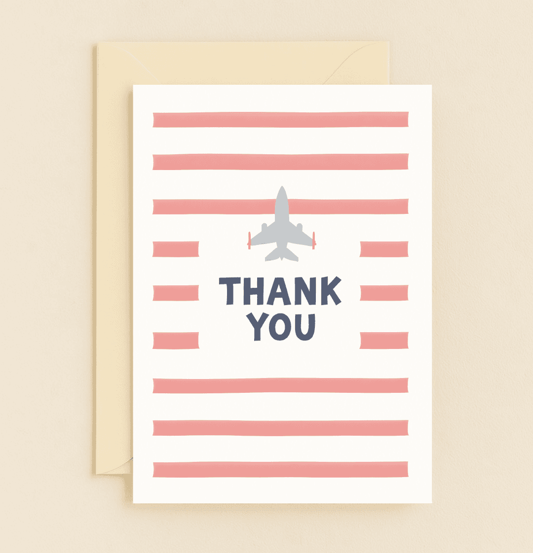 Express your gratitude with a patriotic flair through this aviation-inspired card featuring a jet silhouette and flag-like design.