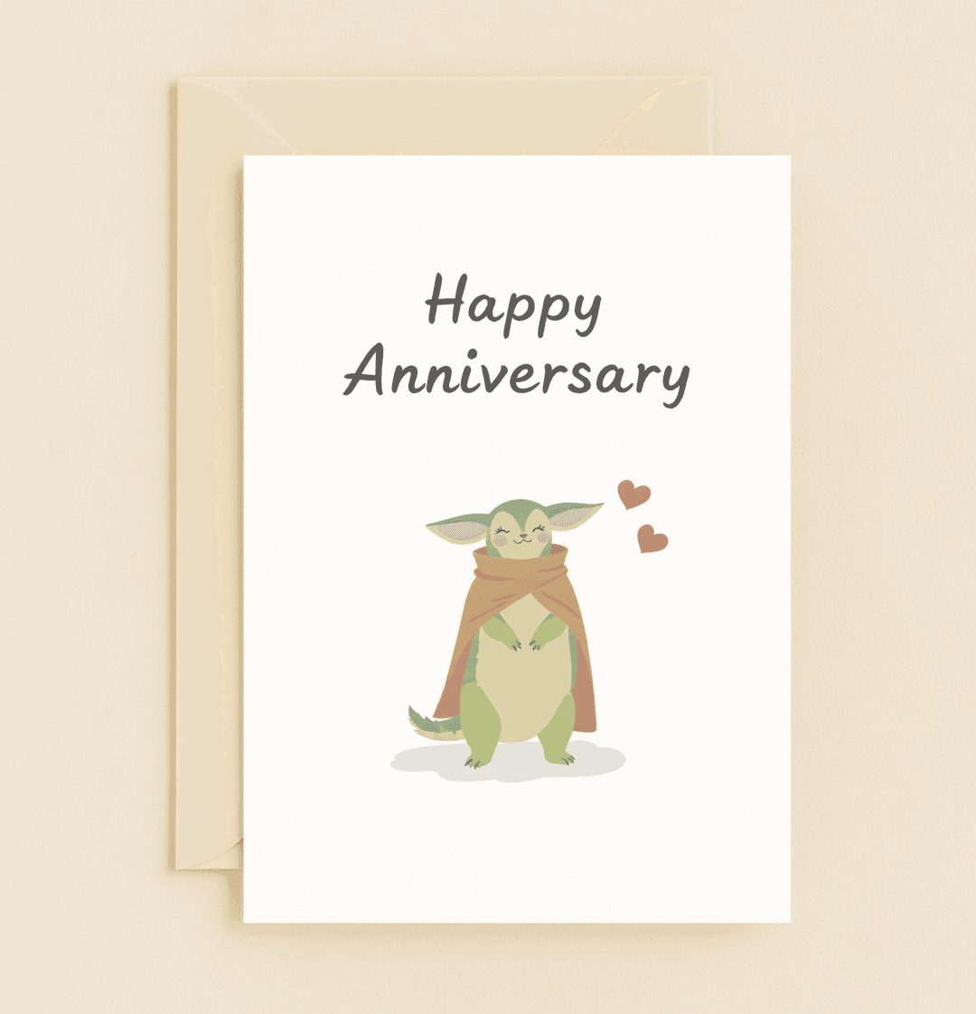 Celebrate your love with a whimsical sci-fi twist featuring a cute, cloaked character wishing you a "Happy Anniversary" from a galaxy far away.