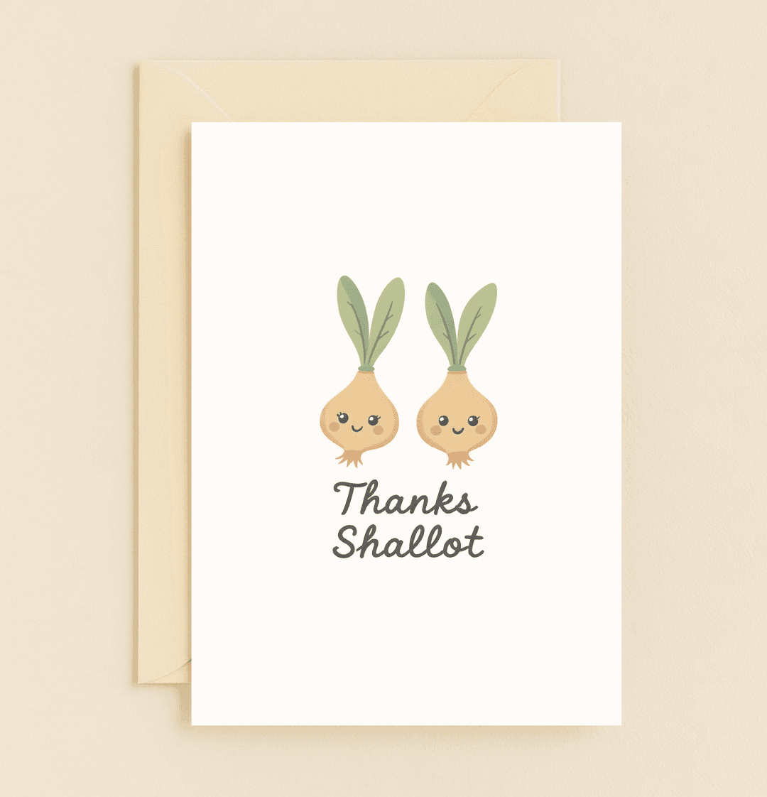 Express your gratitude with a playful twist using this cute shallot-themed thank you card featuring adorable cartoon characters and punny text.