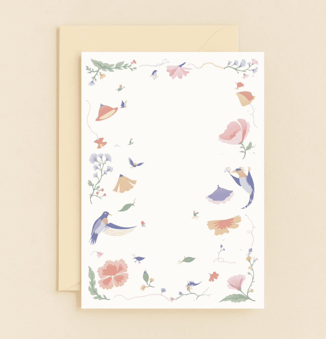 Celebrate Mother's Day with a card featuring elegant pastel flowers and playful birds, embodying nature's beauty and a mother's love.