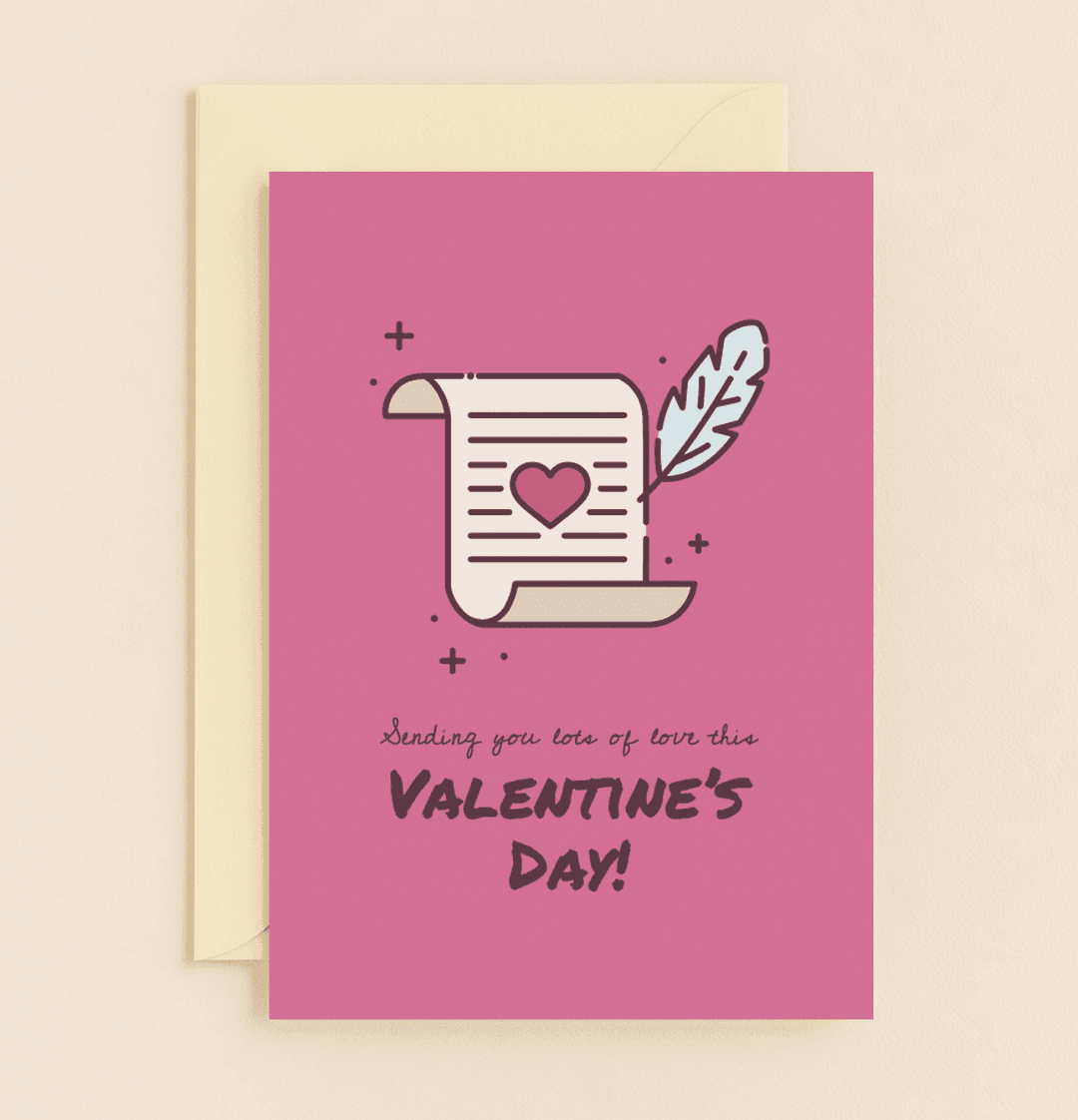 Express your love this Valentine's Day with a charming card featuring a heart-adorned scroll, quill pen, and twinkling stars on a pink backdrop.