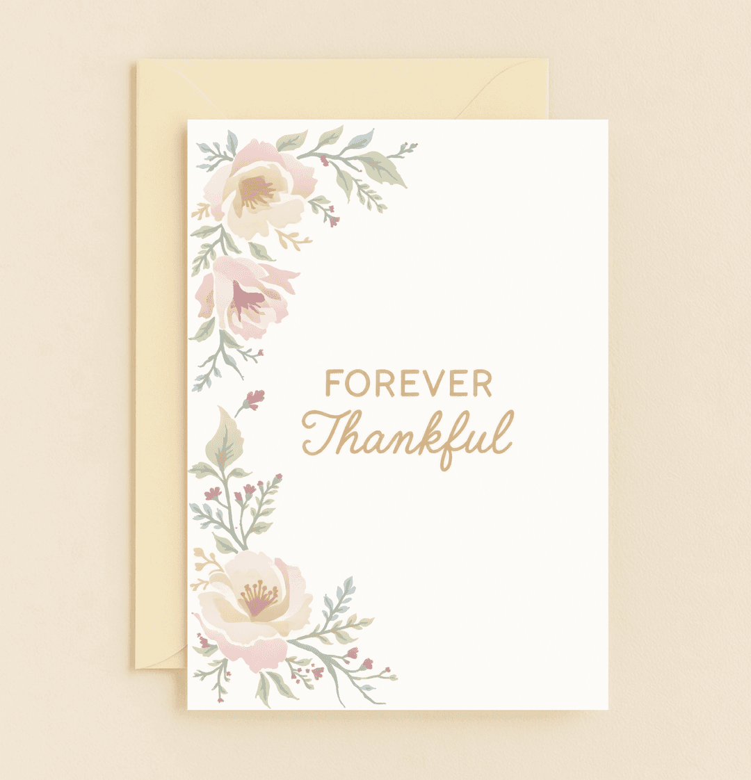 Express your heartfelt thanks with Eternal Gratitude Blooms, featuring elegant watercolor flowers and a stylish gold "FOREVER Thankful" message in soft pastels.