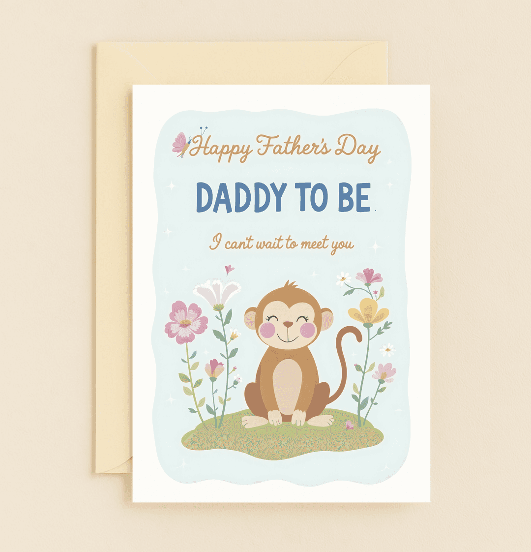 Celebrate Father's Day with this adorable card featuring a cute monkey, colorful flowers, and a heartfelt message from baby to daddy-to-be.