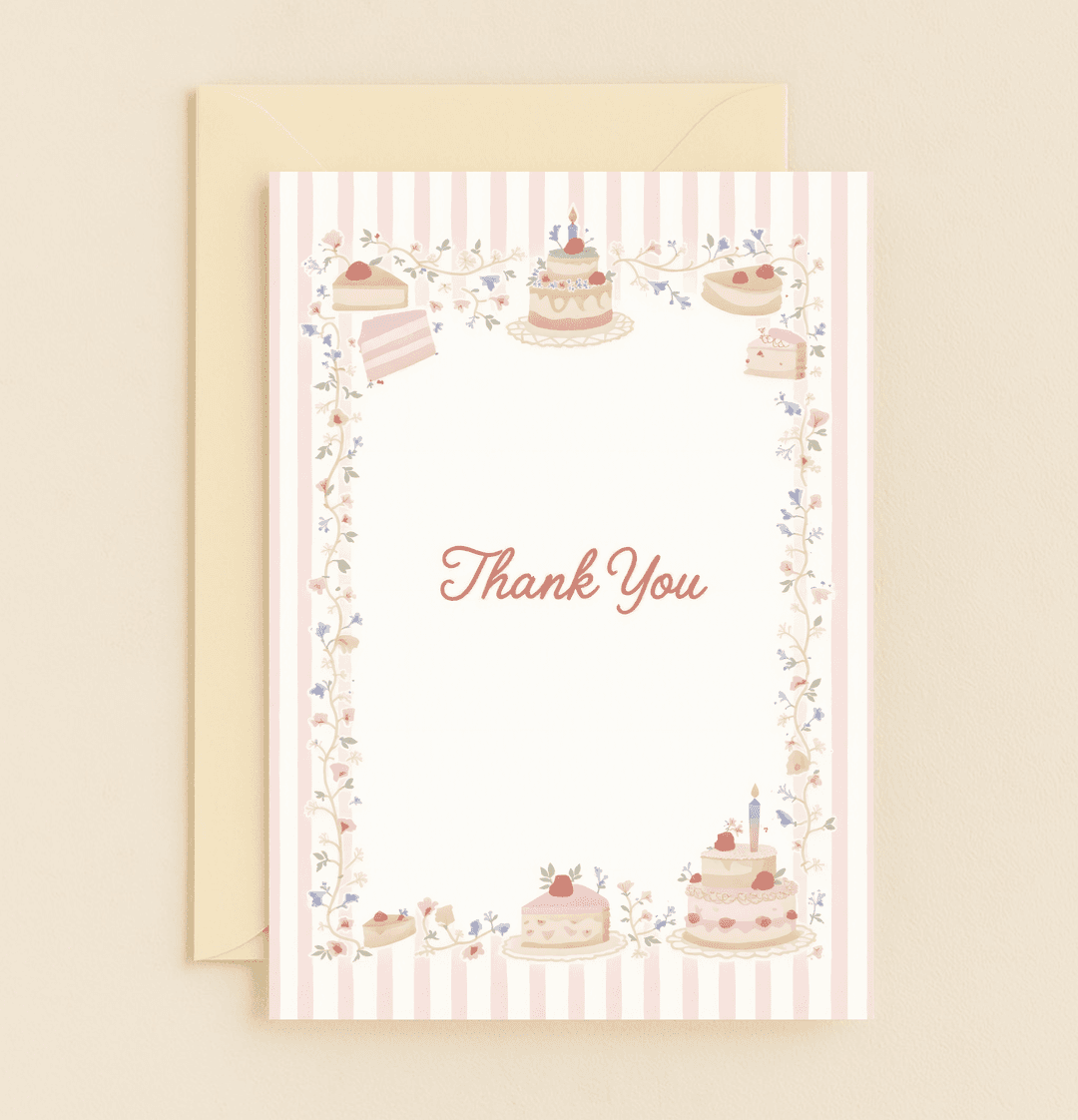 Express sweet gratitude with this whimsical thank you card featuring pastel hues, floral borders, and delightful cakes adorned with fruits and flowers.