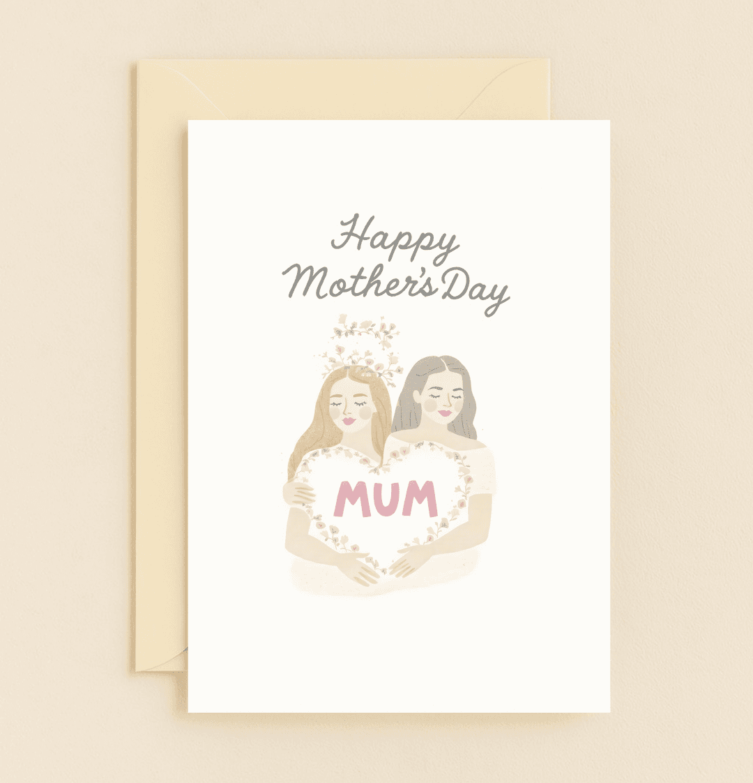 Celebrate Mother's Day with a serene embrace and floral elegance, featuring a heart-shaped sign and delicate flower crown, perfect for showing Mum your love.