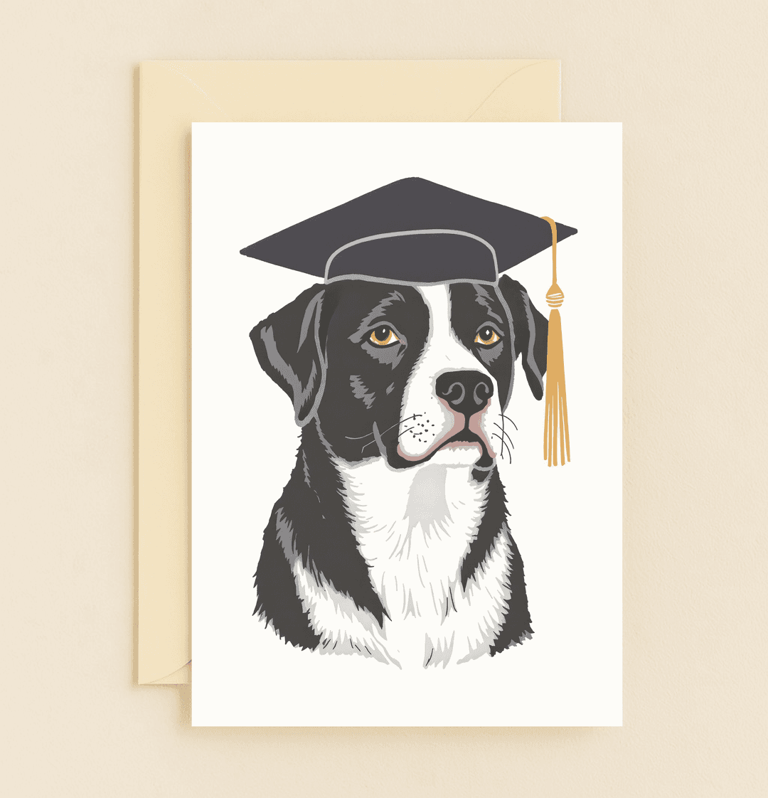 Celebrate their success with our "Pawsitively Graduate!" card, featuring a whimsical dog in a graduation cap to add a playful touch to their big day.