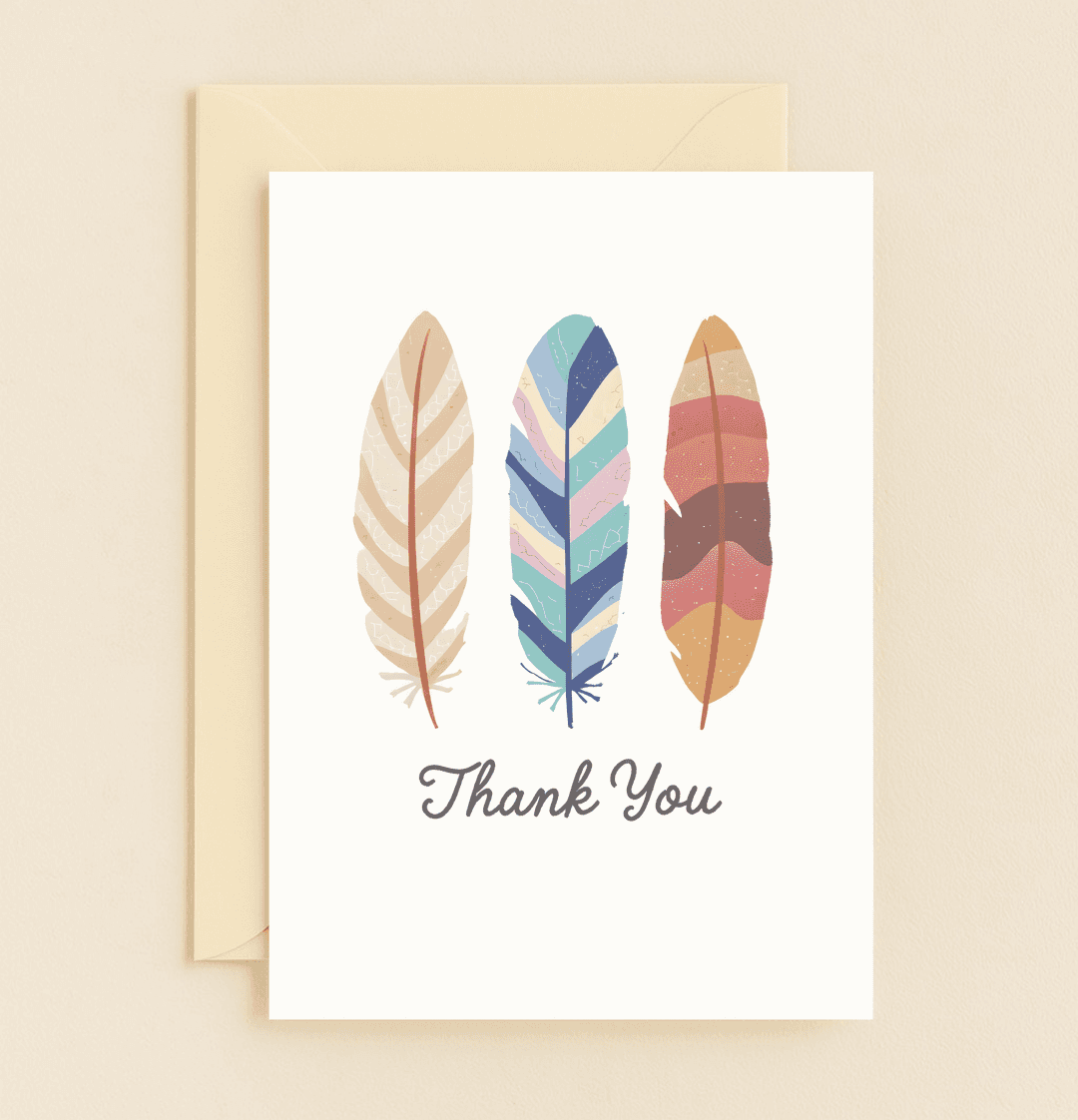 Express heartfelt thanks with the "Colorful Gratitude Feathers" card, featuring artistic, minimalist feather designs in vibrant and earthy hues.