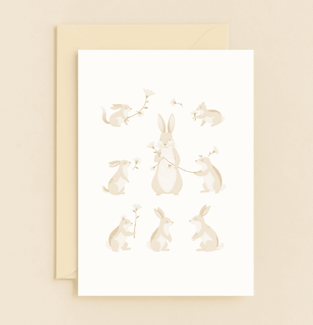Celebrate Easter with whimsical joy as pastel bunnies carry daisies, creating a peaceful springtime scene on this charming greeting card.