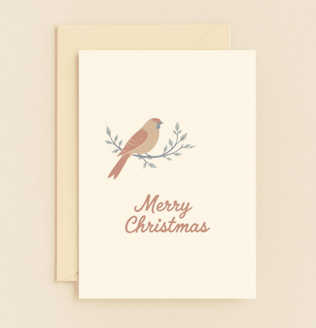 Send festive cheer with our elegant Christmas card, featuring a tranquil bird on a leafy branch and warm "Merry Christmas" wishes in a harmonious design.