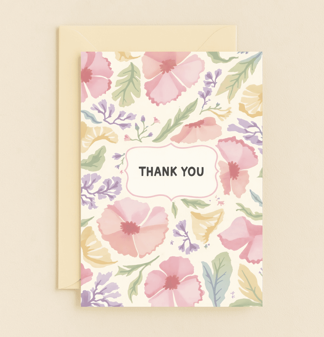 Express gratitude with our "Floral Thanks in Watercolor Bloom" card, featuring vibrant watercolor flowers and a heartfelt "THANK YOU" message.