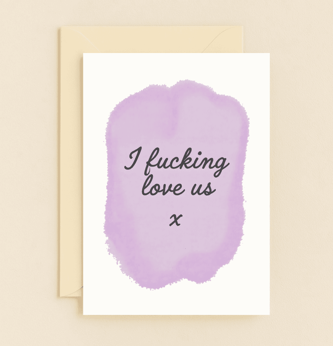 Celebrate your anniversary with a charmingly bold card featuring a heartfelt, humorous message on a soft lavender watercolor background.