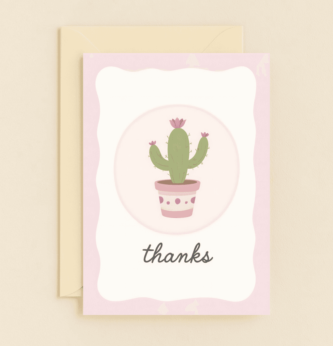 Express gratitude with this minimalist card featuring a charming cactus in a pink pot, adorned with delicate blooms and a heartfelt "thanks.