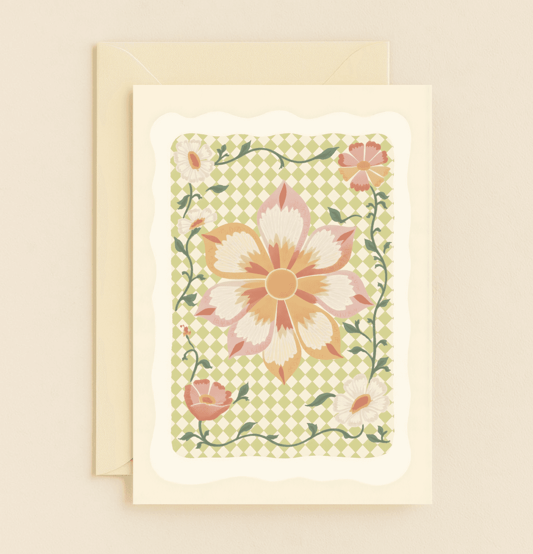 Celebrate Mother's Day with an elegant, whimsical card featuring a large pastel flower on a green checkered background, perfect for expressing blooming love.
