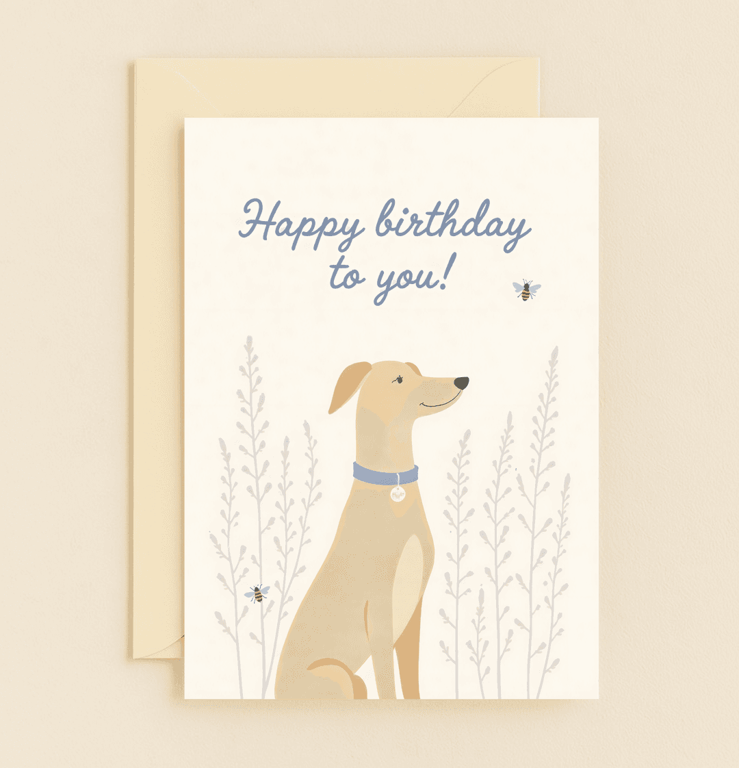 Celebrate a whimsical birthday with this charming card, featuring a playful dog, buzzing bees, and nature-inspired illustrations.