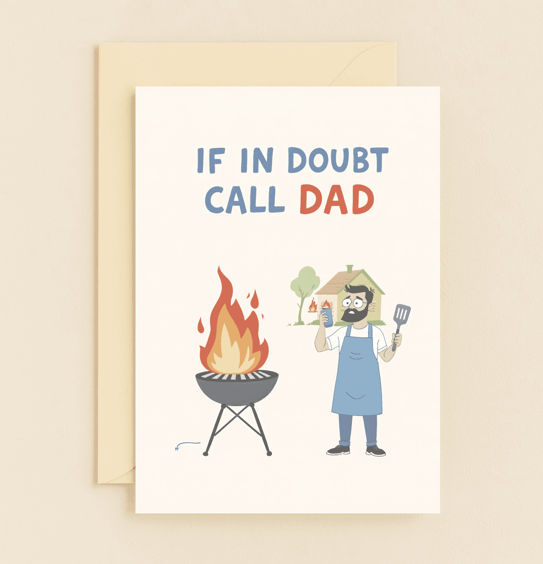 Celebrate Father's Day with a sizzling card featuring Dad's hilarious BBQ mishap, complete with flames, humor, and a trusty smartphone in hand.