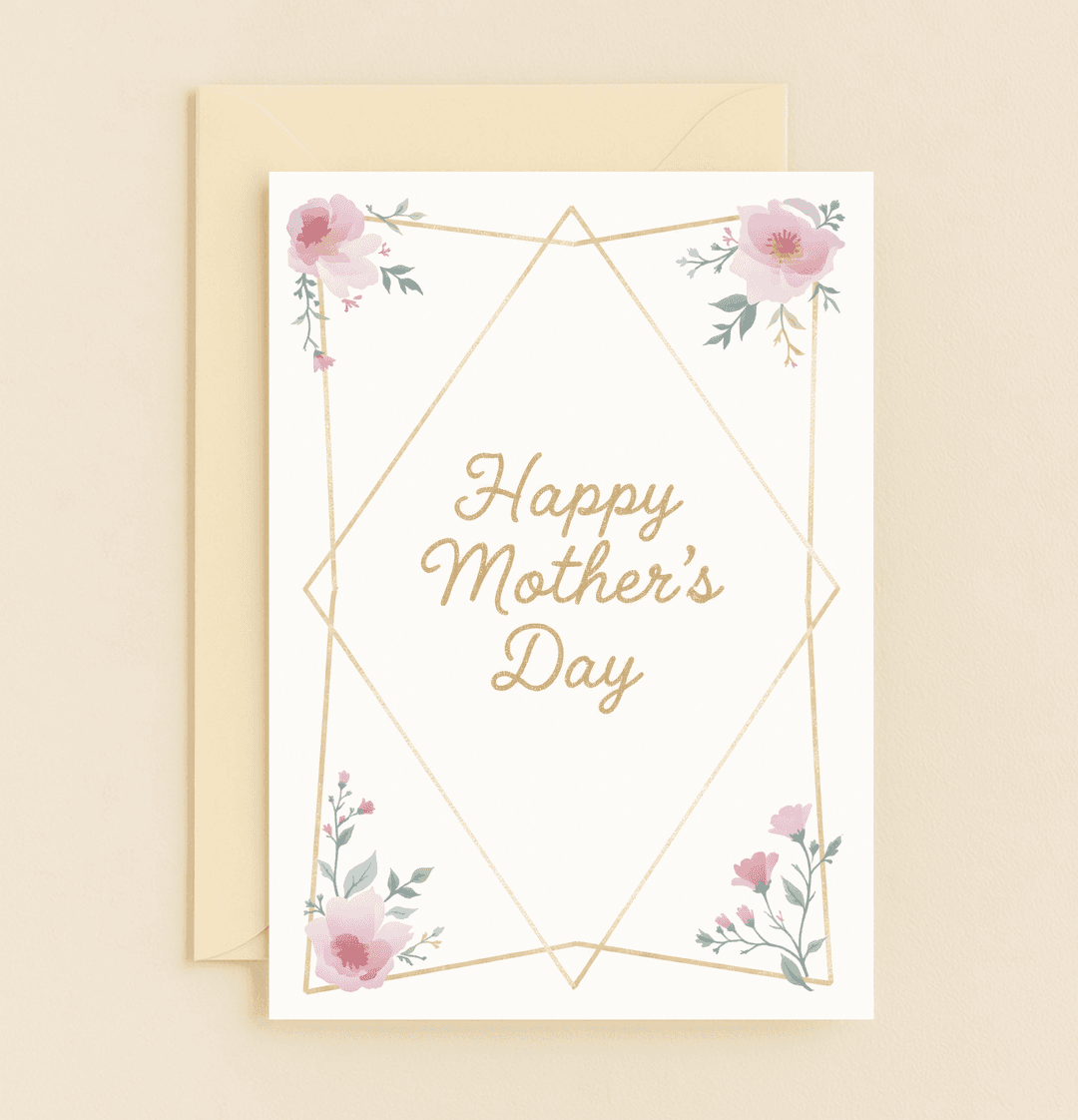 Celebrate Mother's Day with an elegant card featuring a gold geometric frame, graceful cursive, and delicate pink blossoms on a pristine white background.