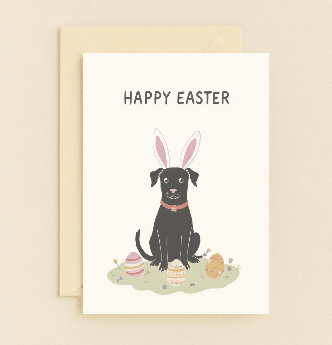 Celebrate Easter with a playful card featuring a cute dog in bunny ears amid colorful eggs, perfect for spreading joy and laughter this holiday.
