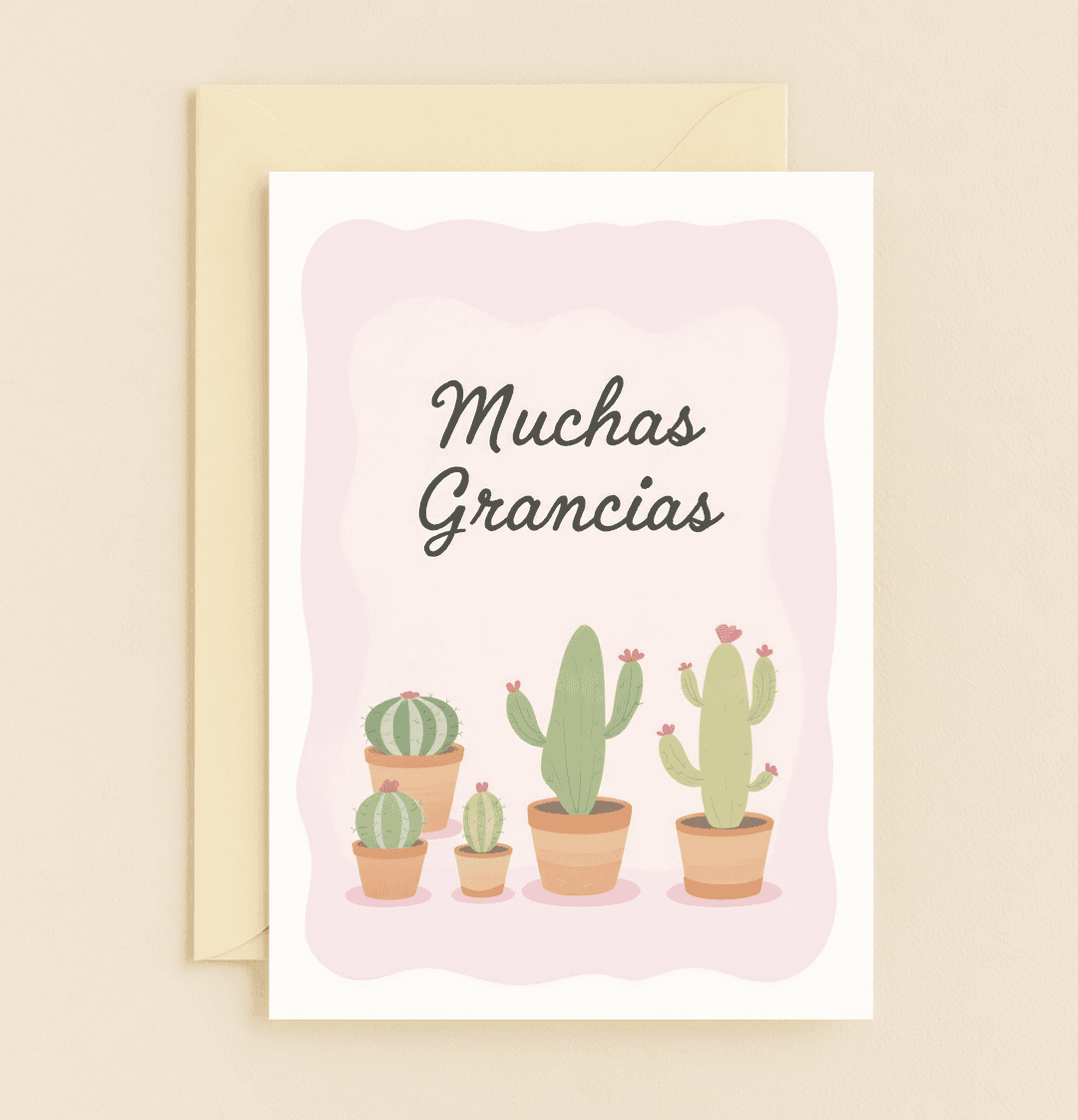 Express gratitude with a playful twist using our "Succulent Thanks with a Cactus Twist" card, featuring charming potted cacti and the clever pun "Muchas Grancias.