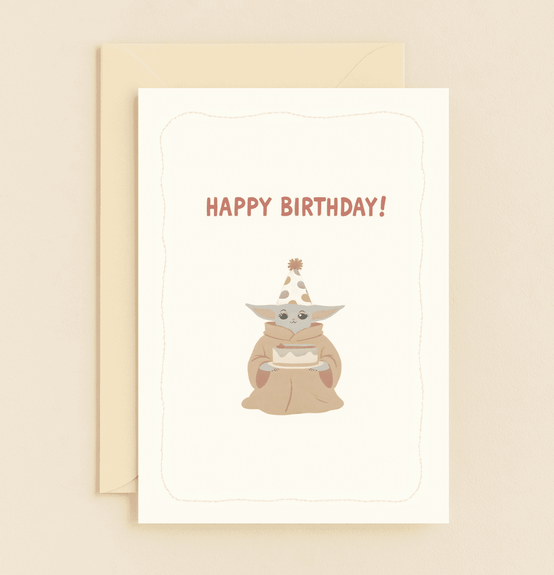 Celebrate a birthday with this adorable card featuring Baby Yoda in a party hat, holding a cake, perfect for Star Wars fans and lovers of all things cute.
