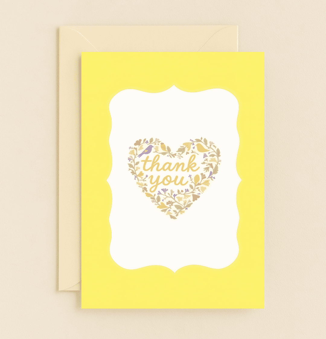 Express heartfelt gratitude with "Nature's Thankful Heart Delight," featuring a floral heart, cheerful birds, and a vibrant yellow border for a serene touch.