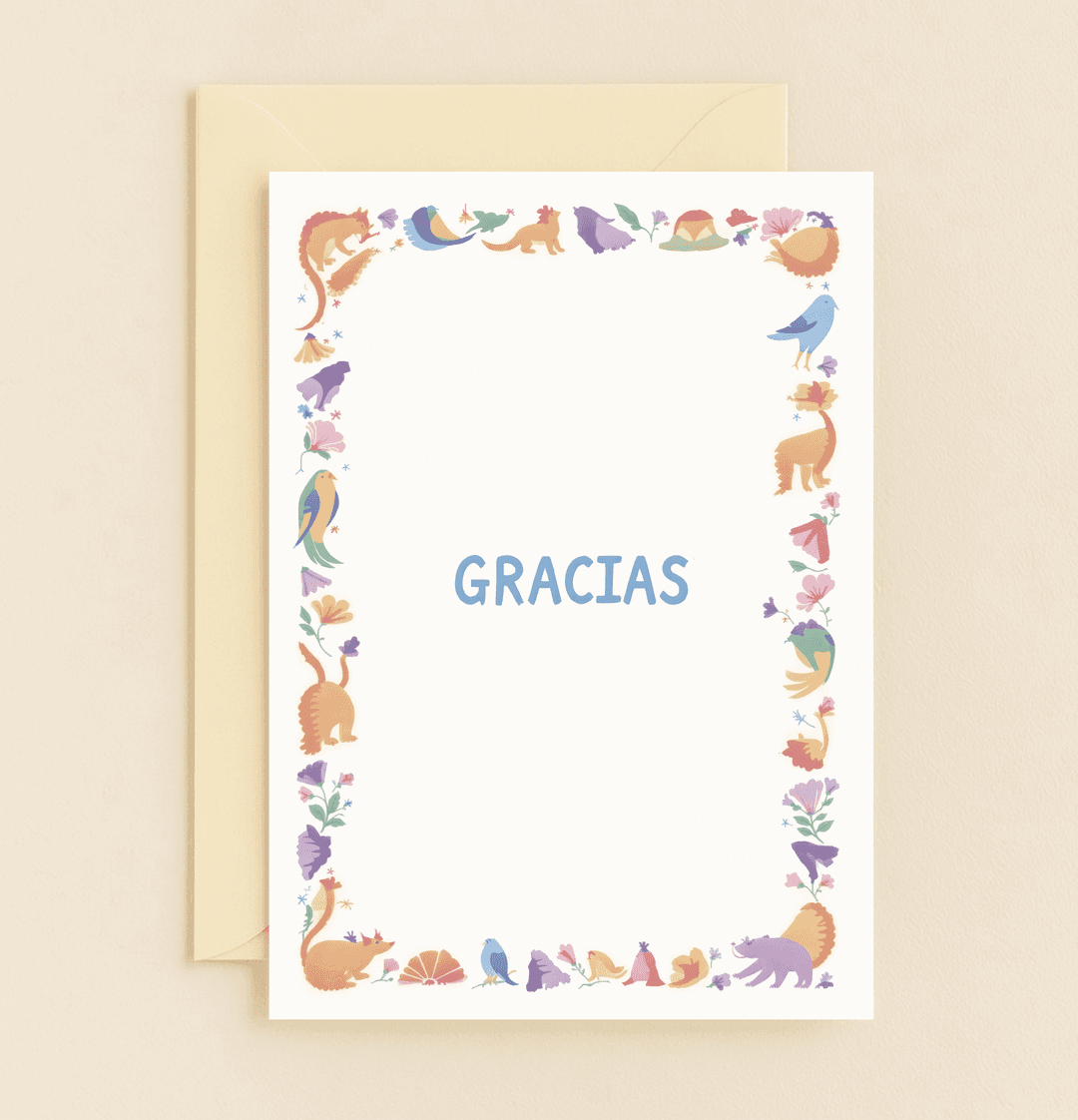 Express gratitude with this vibrant card featuring whimsical illustrations of flowers, leaves, birds, and a bear, perfect for nature lovers with a sense of humor.