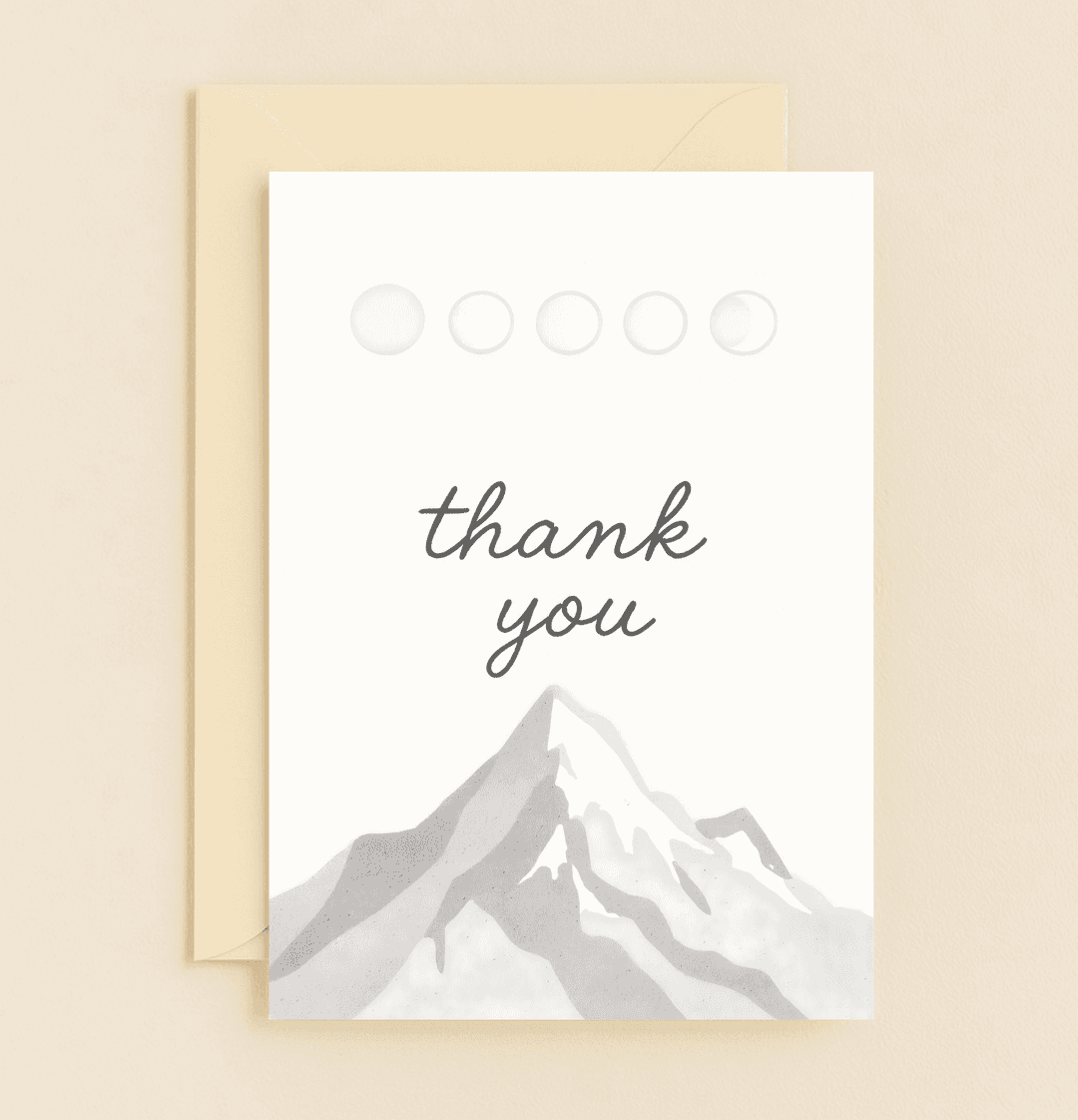 Express heartfelt thanks with this minimalist card featuring moon phases and a serene mountain, perfect for nature lovers and stargazers alike.