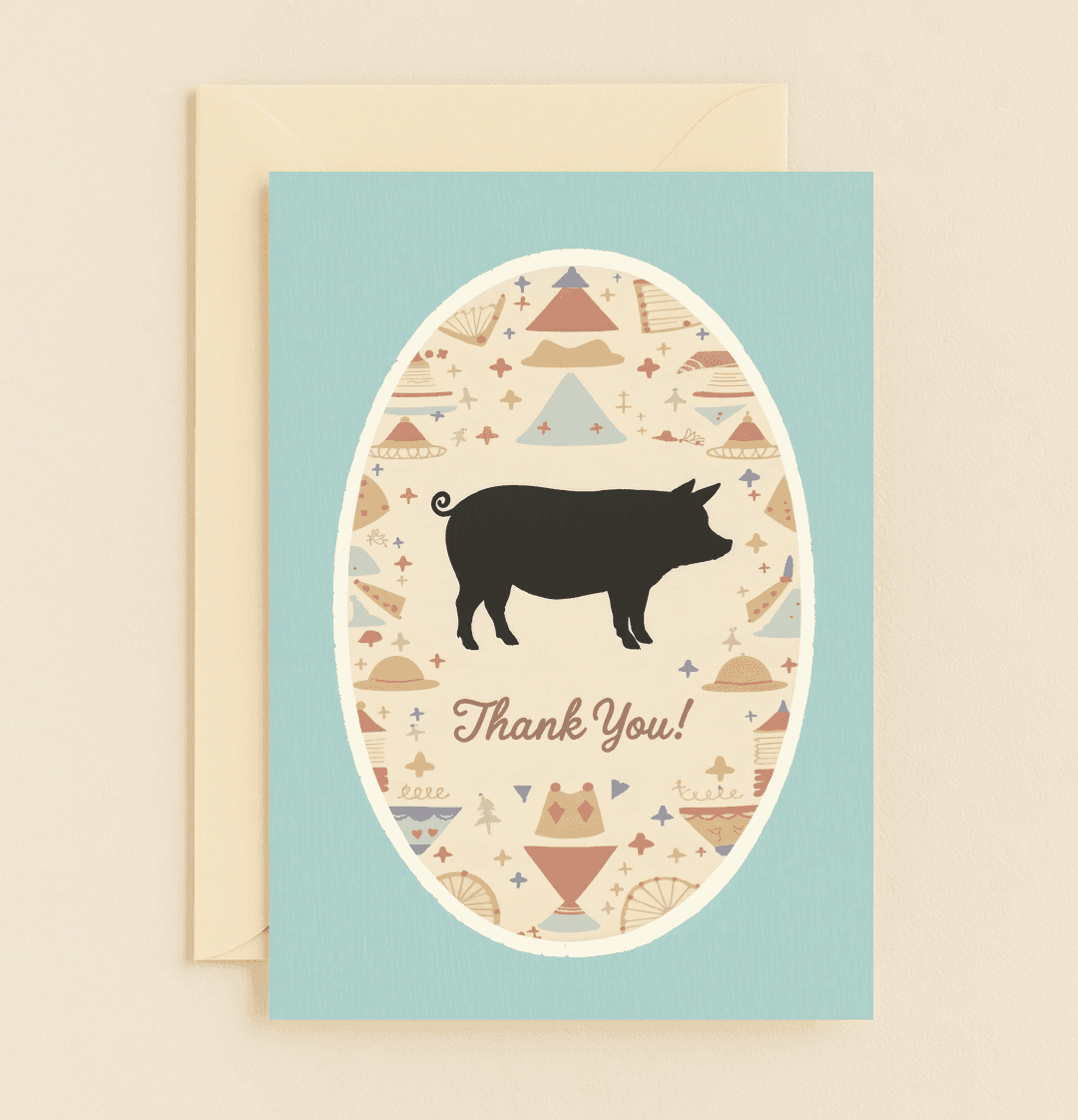 Express gratitude with a whimsical bohemian card featuring a pig silhouette amidst colorful geometric patterns, perfect for a playful thank you.