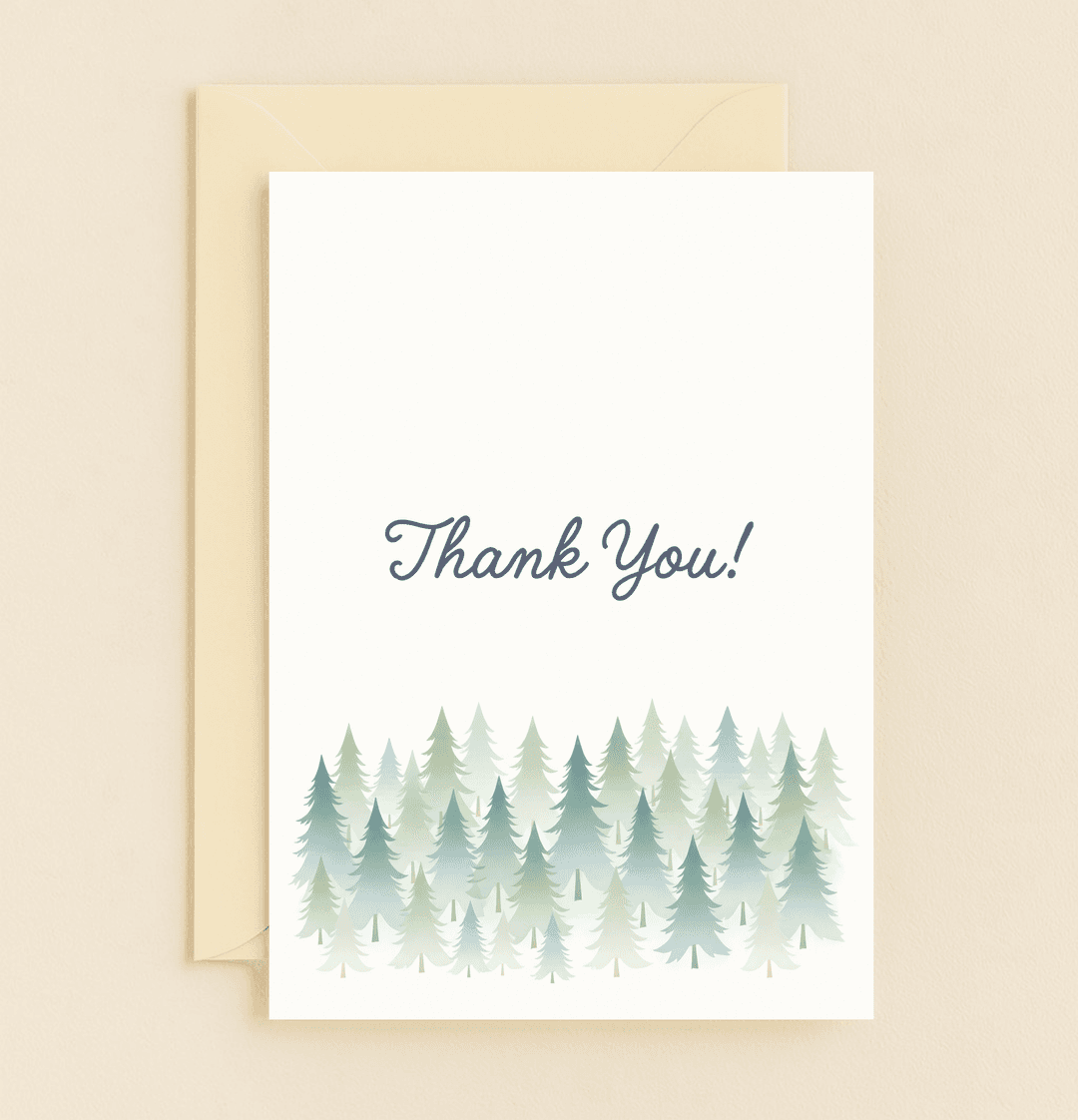 Express your gratitude with a serene forest scene, featuring watercolor evergreen trees and elegant cursive, bringing a touch of nature's calm to any thank you.
