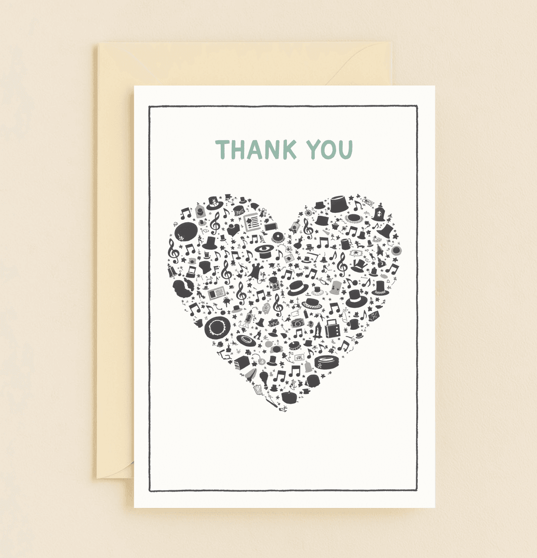 Express gratitude with a whimsical heart of icons, from musical notes to cameras, on our "Heartfelt Thanks in Every Note" thank you card.
