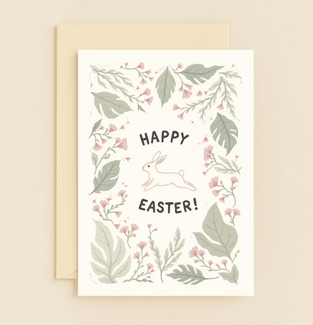 Celebrate Easter with "Bunny Hops and Blossoms Delight," a charming card featuring a leaping rabbit amidst pastel flowers and leaves, exuding cheerful elegance.