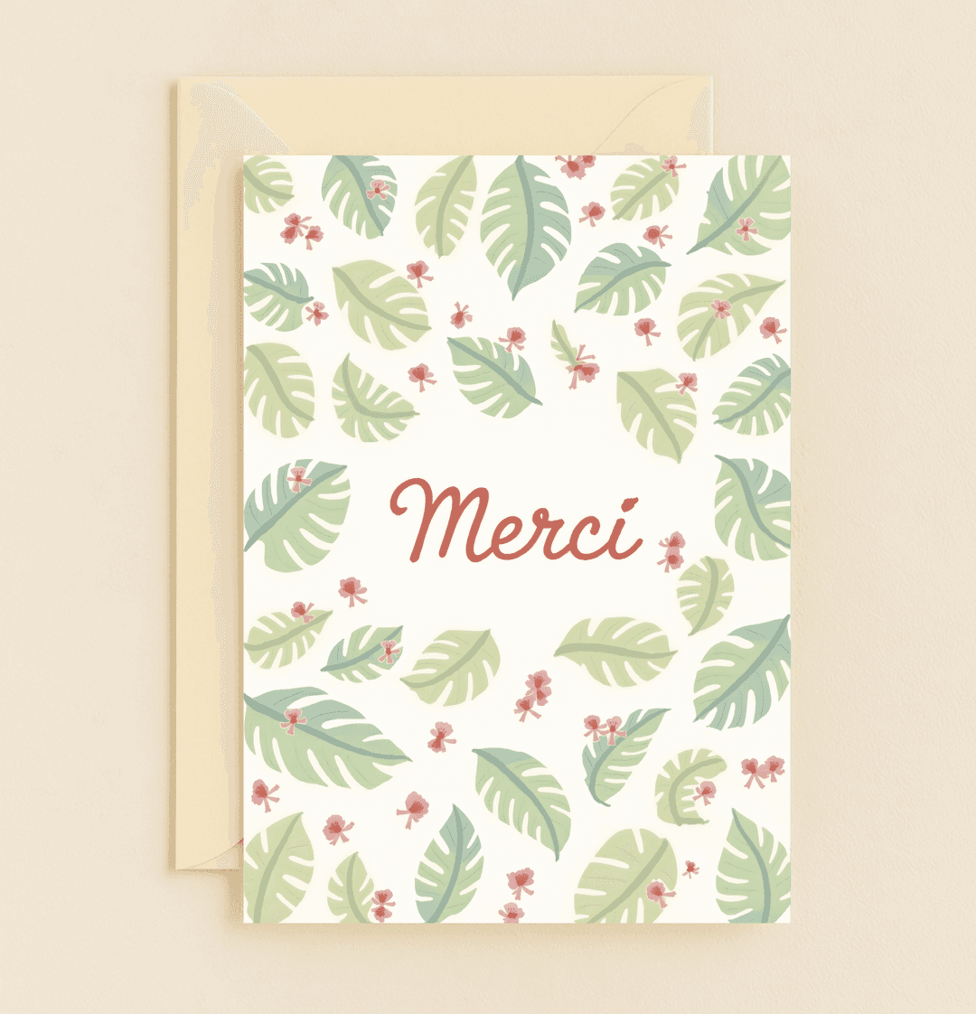 Express heartfelt thanks with "Tropical Gratitude: Merci in Bloom," featuring elegant cursive, lush tropical leaves, and vibrant red flowers.