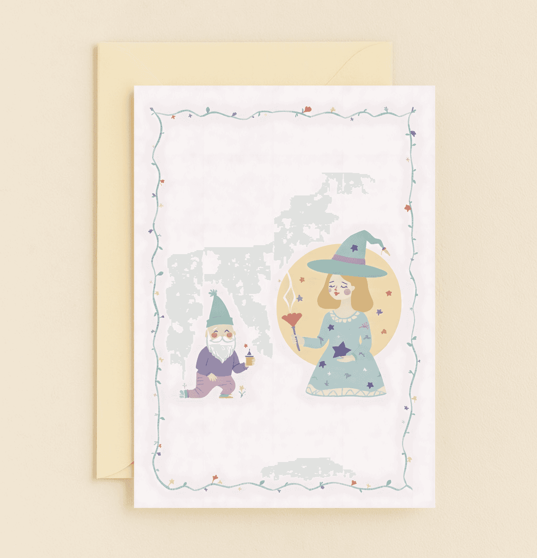 Celebrate a magical birthday with this whimsical card featuring a friendly gnome and a wizard, perfect for fantasy lovers and fairy tale enthusiasts.