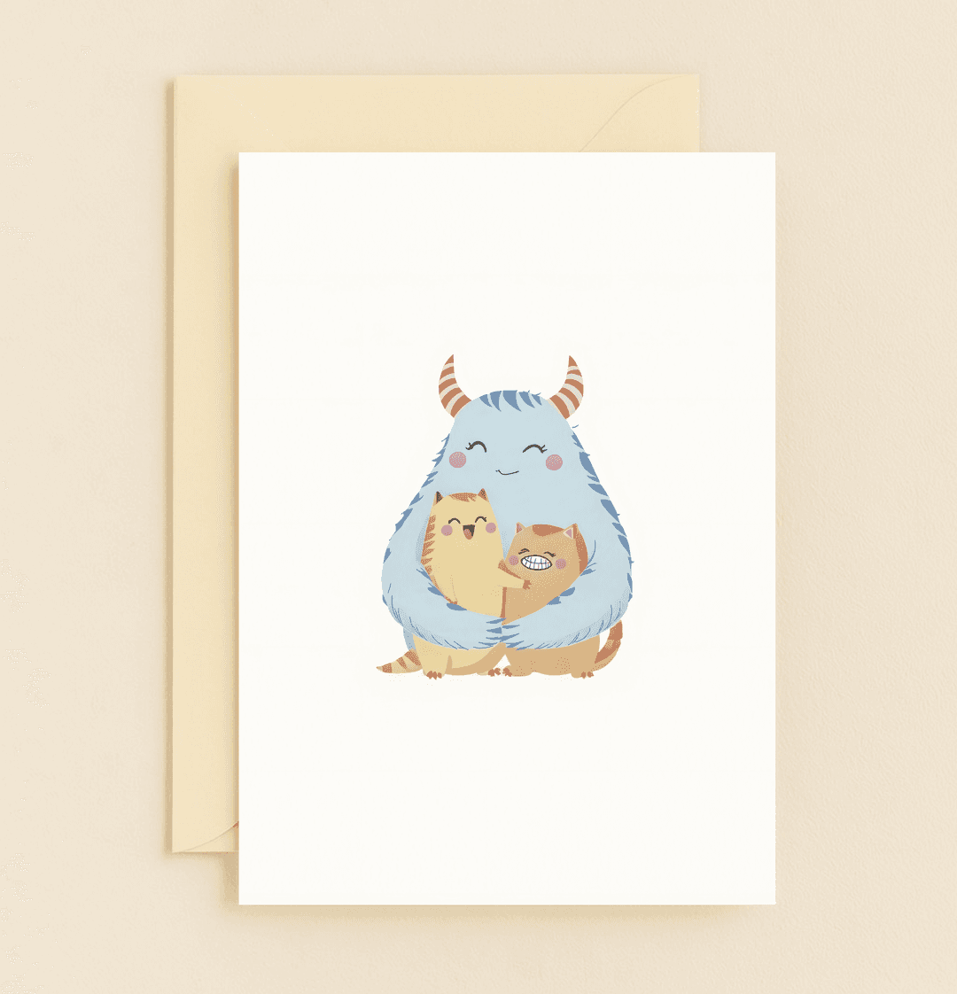 Celebrate Mother's Day with whimsical warmth as a friendly monster shares cuddly hugs with playful cartoon animals in this delightfully surreal card.
