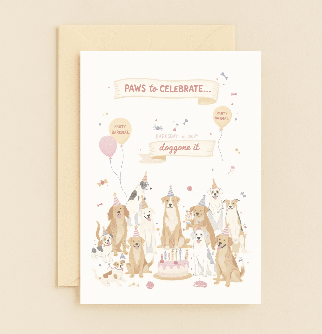 Celebrate a "barksday" with this paw-some card featuring party-loving pups, pun-filled banners, and a festive cake scene perfect for dog enthusiasts!.