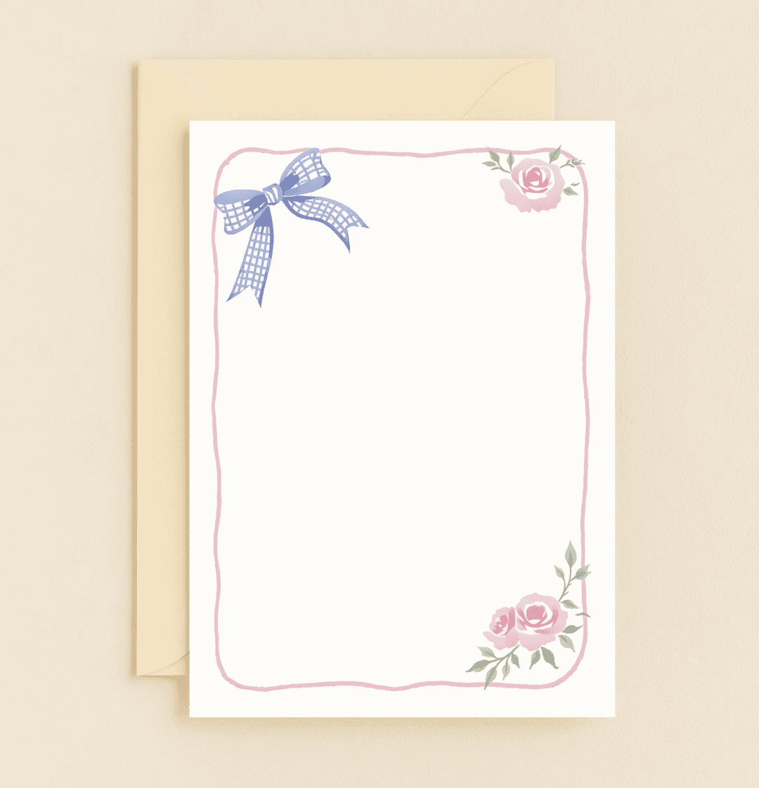 Celebrate Mother's Day with our Blooms and Bows card, featuring a charming hand-painted design of pink roses and a blue gingham bow for a personal touch.