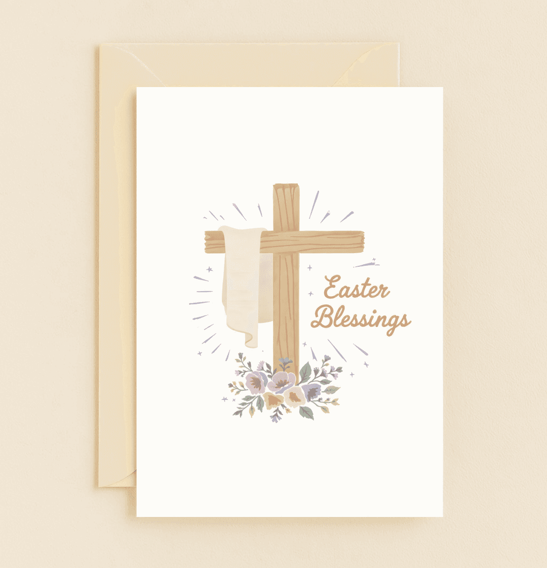Celebrate Easter with a greeting card featuring a wooden cross, radiant glow, and pastel floral bouquet, symbolizing hope and blessings.