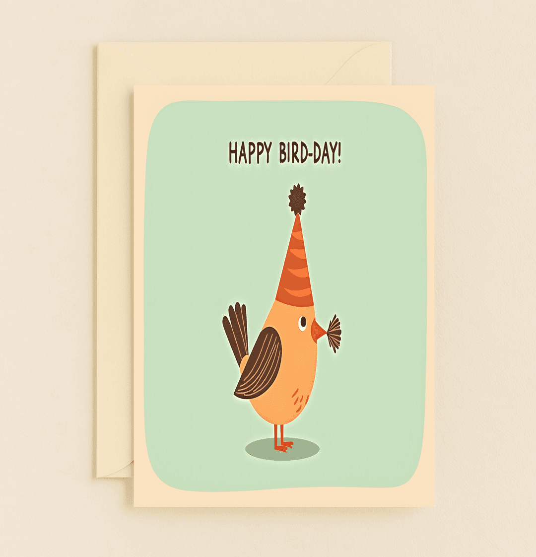 Brighten someone's birthday with a cheerful, pun-filled card featuring a festive cartoon bird in a party hat, set against a playful pastel green backdrop.