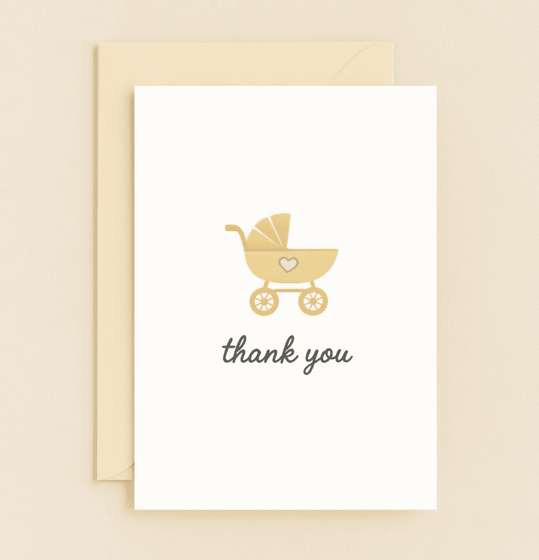 Express your gratitude with this elegant thank you card featuring a gold stroller and pink heart, perfect for acknowledging thoughtful baby shower gifts.