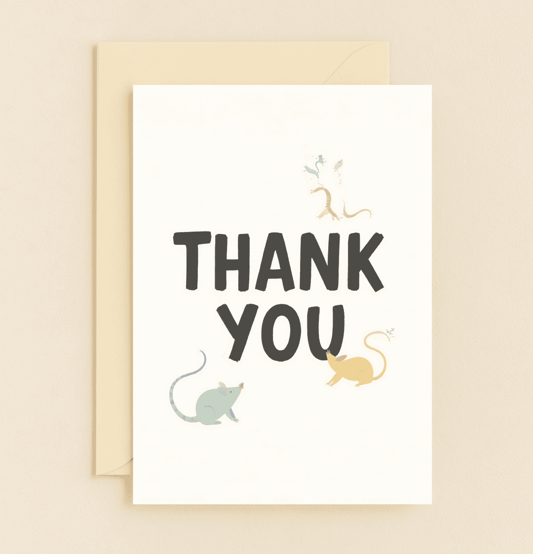 Mice & Birds: A Playful Thanks" is a whimsical greeting card showcasing vibrant mice and birds surrounding bold "THANK YOU" letters for a cheerful expression of gratitude.